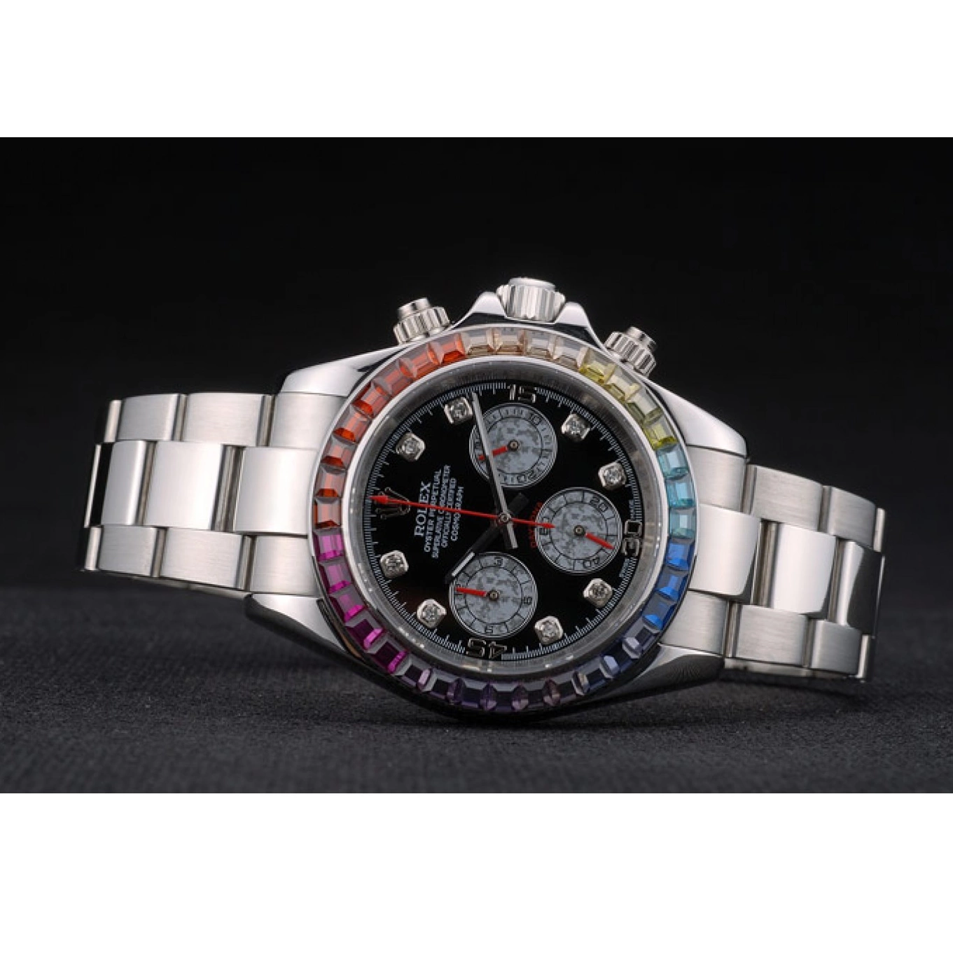 AAA Replica Watches Rainbow Rolex Strap Steep Dial 80250 Daytona Black Cosmograph Stainless Crystals Bezel 0728